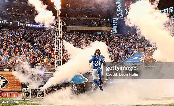 Rashean Mathis of the Detroit Lions runs onto the field during the pregame introductions prior to the start of the game against the Minnesota Vikings...