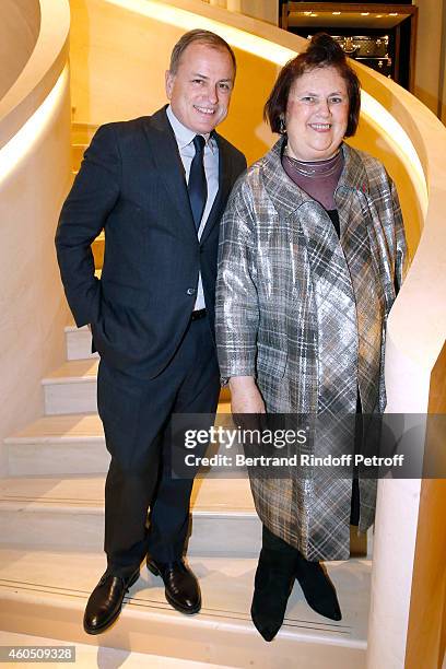 Chief Executive Officer of Louis Vuitton, Michael Burke and Journalist Suzy Menkes attend the Louis Vuitton Montaigne Store Re-Opening party at Louis...