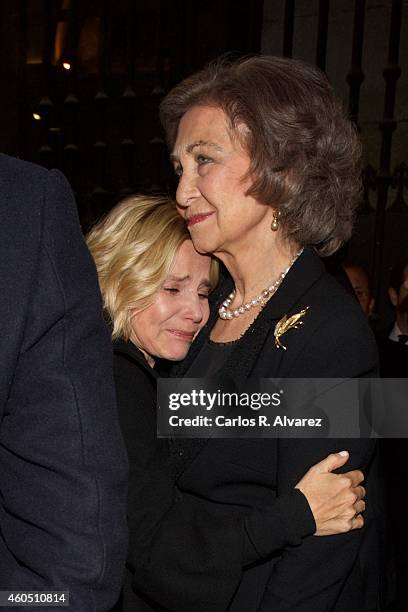 Eugenia Martinez de Irujo y Fitz-James Stuart and Queen Sofia of Spain during the Funeral Service for Duchess of Alba at the Real Basilica de San...