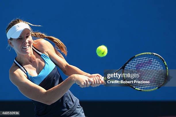 Olivia Rogowska of Australia plays a backhand in her first round match against Seone Mendez of Australia during the 2015 Australian Open play off at...