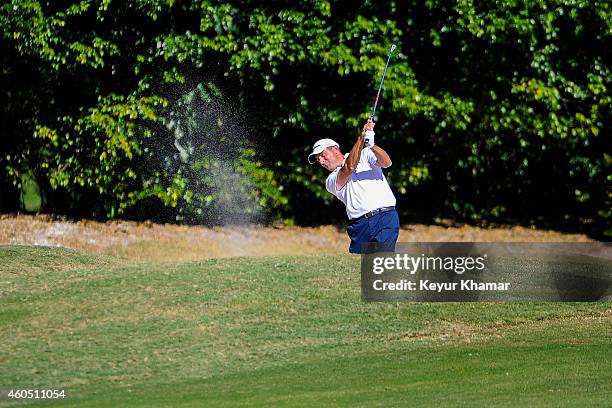 Jeff Gove hits out of a fairway bunker on the ninth hole of the Fazio Course during the fifth round of the Web.com Tour Q-School at PGA National on...