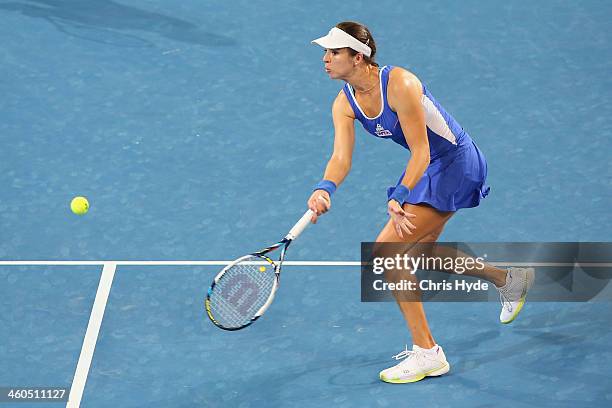 Galina Voskoboeva of Kazakhstan plays a forehand in her doubles final partnered with Kristina Mladnovic of France against Anastasia Rodionova of...