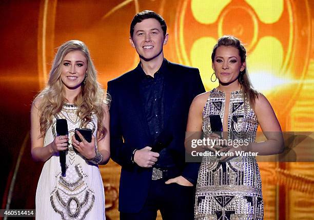Recording artists Madison Marlow, Scotty McCreery, and Taylor Dye speak onstage during the 2014 American Country Countdown Awards at Music City...
