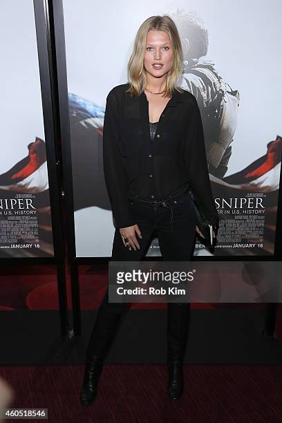 Model Toni Garrn arrives at the "American Sniper" New York Premiere at Frederick P. Rose Hall, Jazz at Lincoln Center on December 15, 2014 in New...