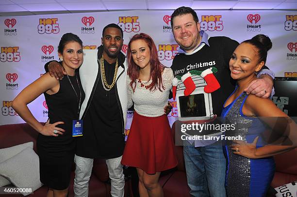 Jason Derulo poses with Radio personalities Elizabethany, Kane and Danni HOT during 99.5s Jingle Ball 2014, Presented by Mattress Warehouse at the...