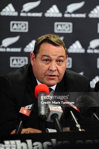 New Zealand All Blacks coach Steve Hansen speaks to the media during a New Zealand Rugby Union press conference announcing his re-signing as coach at...