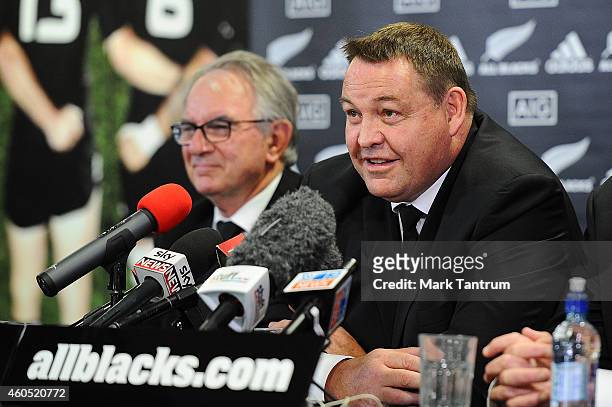 New Zealand All Blacks coach Steve Hansen speaks to the media during a New Zealand Rugby Union press conference announcing his re-signing as coach at...
