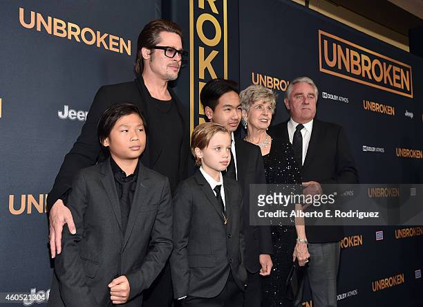 Actor Brad Pitt , Pax Thien Jolie-Pitt, Shiloh Nouvel Jolie-Pitt,, Maddox Jolie-Pitt, Jane Pitt, and William Pitt attend the premiere of Universal...