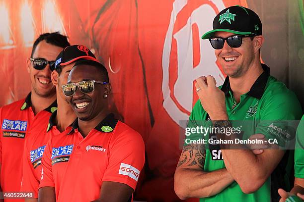 Kevin Pietersen of the Melbourne Stars and Dwayne Bravo of the Melbourne Renegades share a joke during the Melbourne Stars derby launch at Federation...