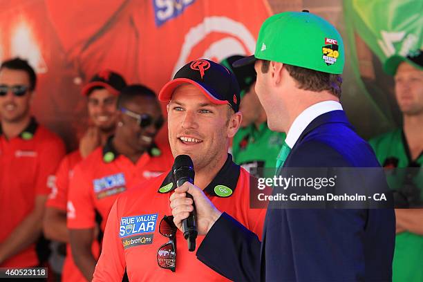 Aaron Finch of the Melbourne Renegades talks during the Melbourne Stars derby launch at Federation Square on December 16, 2014 in Melbourne,...