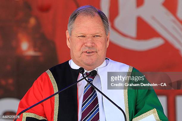 Lord Mayor of Melbourne Robert Doyle talks during the Melbourne Stars derby launch at Federation Square on December 16, 2014 in Melbourne, Australia.
