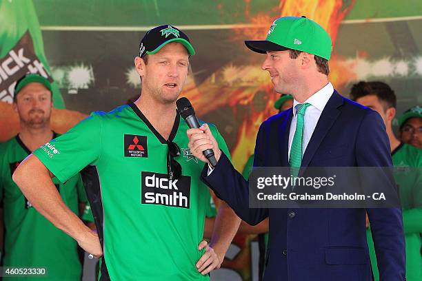 Cameron White of the Melbourne Stars talks during the Melbourne Stars derby launch at Federation Square on December 16, 2014 in Melbourne, Australia.