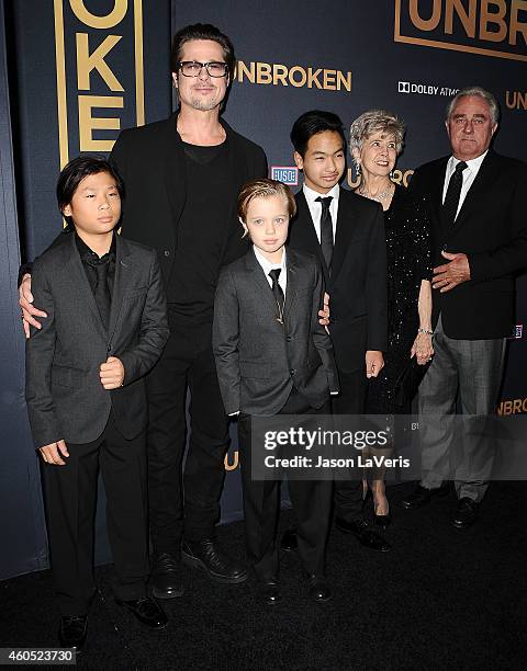 Actor Brad Pitt , Pax Thien Jolie-Pitt, Shiloh Nouvel Jolie-Pitt, Maddox Jolie-Pitt, Jane Pitt, and William Pitt attend the premiere of "Unbroken" at...