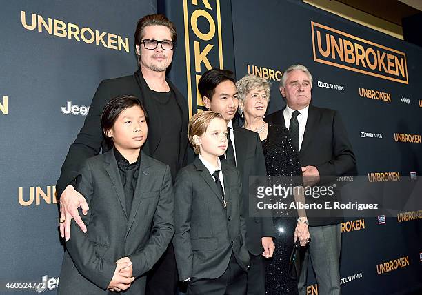 Actor Brad Pitt , Pax Thien Jolie-Pitt, Shiloh Nouvel Jolie-Pitt,, Maddox Jolie-Pitt, Jane Pitt, and William Pitt attend the premiere of Universal...