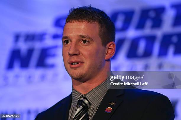 Defensive end Kyle Emanuel of the North Dakota State University Bison gives his acceptance speech after winning the Buck Buchanan Award during the...