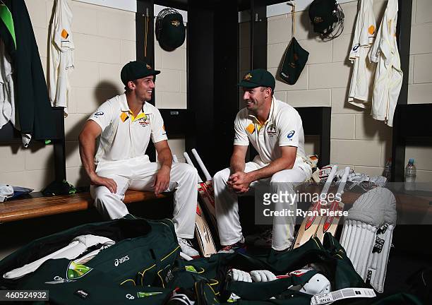 Australian Test cricket players, brothers Mitch March and Shaun Marsh pose during a portrait session at The Gabba on December 16, 2014 in Brisbane,...
