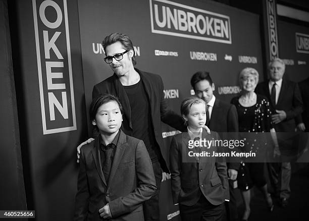Actor Brad Pitt , Pax Thien Jolie-Pitt, Shiloh Nouvel Jolie-Pitt,, Maddox Jolie-Pitt, Jane Pitt, and William Pitt attend the premiere of "Unbroken"...