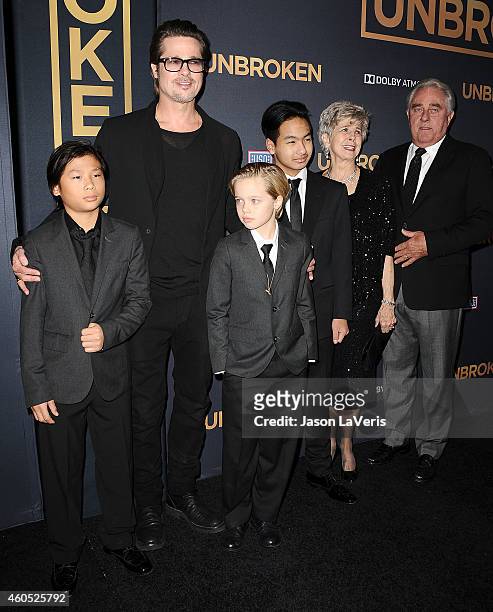 Actor Brad Pitt , Pax Thien Jolie-Pitt, Shiloh Nouvel Jolie-Pitt, Maddox Jolie-Pitt, Jane Pitt, and William Pitt attend the premiere of "Unbroken" at...