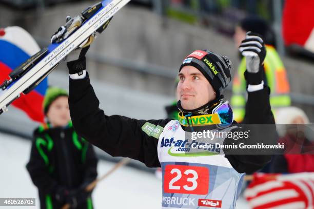 Anssi Koivuranta of Finland celebrates after winning the competition on day 2 of the Four Hills Tournament event at Bergisel on January 4, 2014 in...
