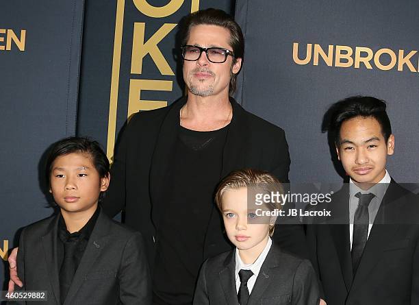Brad Pitt; Pax Thien Jolie-Pitt, Shiloh Nouvel Jolie-Pitt and Maddox Jolie-Pitt attend the "Unbroken" Los Angeles premiere held at the TCL Chinese...