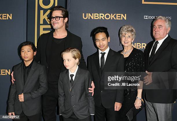 Brad Pitt , Pax Thien Jolie-Pitt, Shiloh Nouvel Jolie-Pitt,, Maddox Jolie-Pitt, Jane Pitt and William Pitt attend the "Unbroken" Los Angeles premiere...
