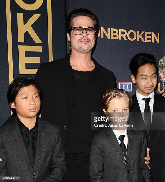 Actor Brad Pitt , Pax Thien Jolie-Pitt, Shiloh Nouvel Jolie-Pitt and Maddox Jolie-Pitt attend the premiere of "Unbroken" at TCL Chinese Theatre IMAX...