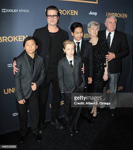 Actor Brad Pitt with children Pax, Shiloh, Maddox and parent Jane Pitt and William Pitt arrive for the Premiere Of Universal Studios' "Unbroken" held...