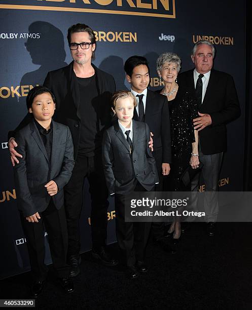 Actor Brad Pitt with children Pax, Shiloh, Maddox and parent Jane Pitt and William Pitt arrive for the Premiere Of Universal Studios' "Unbroken" held...