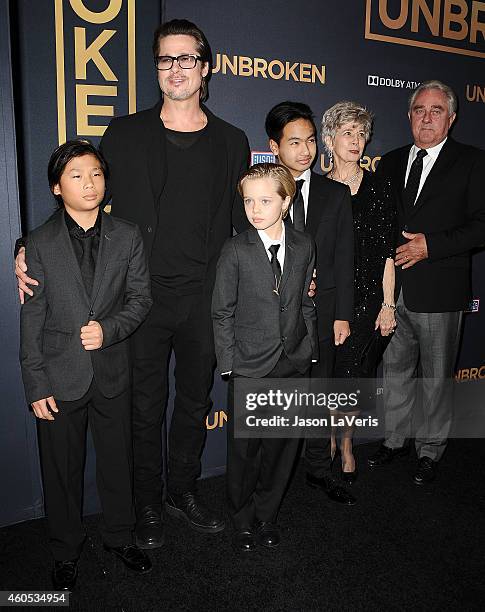 Actor Brad Pitt , Pax Thien Jolie-Pitt, Shiloh Nouvel Jolie-Pitt, Maddox Jolie-Pitt, Jane Pitt, and William Pitt attend the premiere of "Unbroken" at...