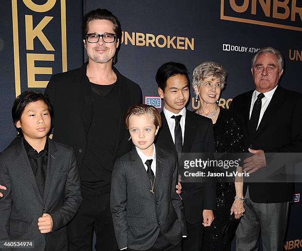 Actor Brad Pitt , Pax Thien Jolie-Pitt, Shiloh Nouvel Jolie-Pitt, Maddox Jolie-Pitt, Jane Pitt, and William Pitt attend the premiere of "Unbroken" at...