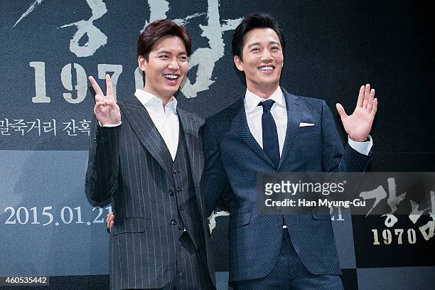 South Korean actors Lee Min-Ho and Kim Rae-Won attend the press conference for "Gangnam Blues" at CGV on December 12, 2014 in Seoul, South Korea. The...