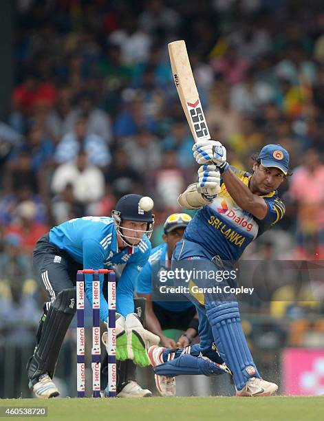 Kumar Sangakkara of Sri Lanka bats during the 7th One Day International match between Sri Lanka and England at R. Premadasa Stadium on December 16,...