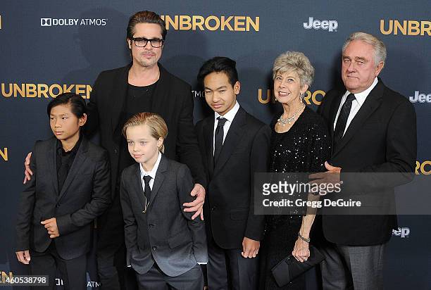Actor Brad Pitt, kids Maddox Jolie-Pitt, Shiloh Jolie-Pitt, Pax Jolie-Pitt arrive at the Los Angeles premiere of "Unbroken" at The Dolby Theatre on...