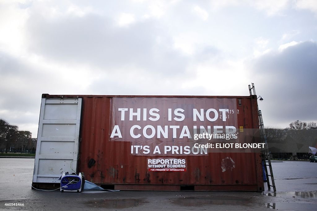 Container Said To A shipping container bearing a slogan which translates as