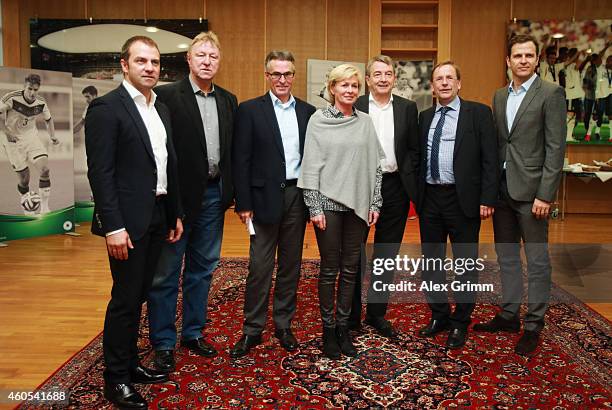 Hans-Dieter Flick, Horst Hrubesch, Helmut Sandrock, Silvia Neid, Wolfgang Niersbach, Rainer Koch and Oliver Bierhoff attend a press conference about...