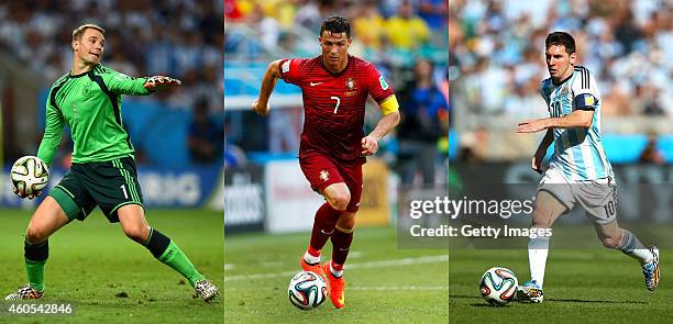 In this composite image a comparison has been made between Manuel Neuer , Cristiano Ronaldo and Lionel Messi . All three players have been short...