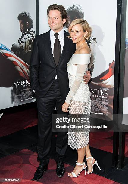 Actors Bradley Cooper and Sienna Miller attend the 'American Sniper' New York Premiere at Frederick P. Rose Hall, Jazz at Lincoln Center on December...