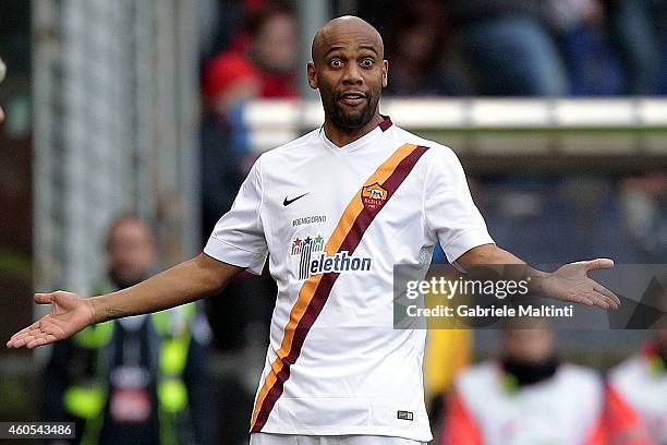 Maicon of AS Roma reacts during the Serie A match between Genoa CFC and AS Roma at Stadio Luigi Ferraris on December 14, 2014 in Genoa, Italy.