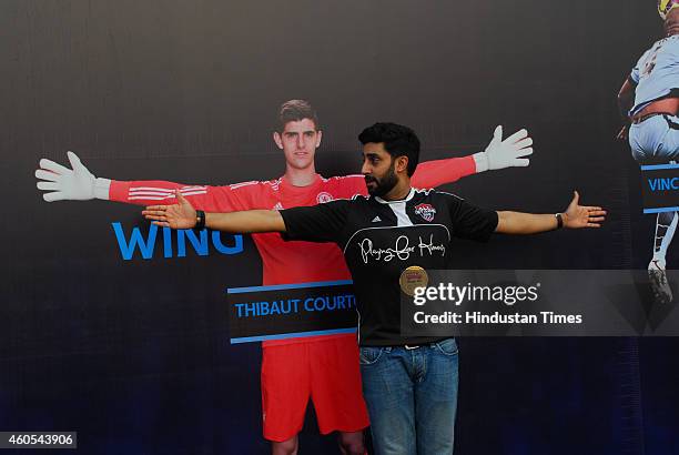 Bollywood actor Abhishek Bachchan participates in the Barclays Premier League Live exhibition charity match at the Bandra-Kurla complex on December...