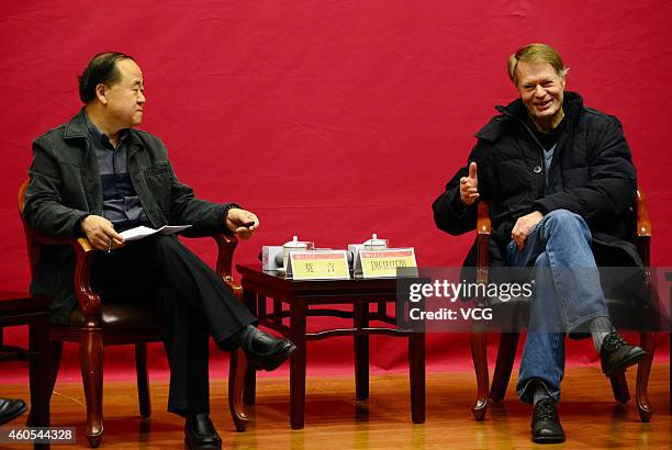 JINAN, CHINA - DECEMBER 16: (CHINA OUT) Chinese Literature Nobel laureate Mo Yan (L) and French Literature Nobel laureate Jean-Marie Gustave Le Clezio hold talks about "Literature and Life" at Shandong University on December 16, 2014 in Jinan, Shandong province of China. French Literature Nobel laureate Jean-Marie Gustave Le Clezio and Chinese Literature Nobel laureate Mo Yan attend a dialogue with the theme of "Literature and Life" on Tuesday in Shandong. (Photo by VCG/VCG via Getty Images) jinan china china out chinese literature