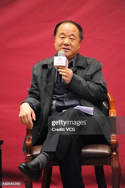JINAN, CHINA - DECEMBER 16: (CHINA OUT) Chinese Literature Nobel laureate Mo Yan talks about "Literature and Life" at Shandong University on December 16, 2014 in Jinan, Shandong province of China. French Literature Nobel laureate Jean-Marie Gustave Le Clezio and Chinese Literature Nobel laureate Mo Yan attend a dialogue with the theme of "Literature and Life" on Tuesday in Shandong. (Photo by Visual China Group via Getty Images/Getty Images) jinan china china out chinese literature
