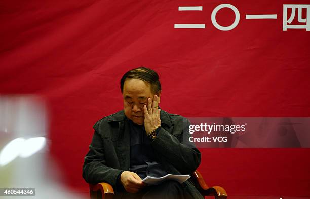JINAN, CHINA - DECEMBER 16: (CHINA OUT) Chinese Literature Nobel laureate Mo Yan talks about "Literature and Life" at Shandong University on December 16, 2014 in Jinan, Shandong province of China. French Literature Nobel laureate Jean-Marie Gustave Le Clezio and Chinese Literature Nobel laureate Mo Yan attend a dialogue with the theme of "Literature and Life" on Tuesday in Shandong. (Photo by VCG/VCG via Getty Images) jinan china china out chinese literature