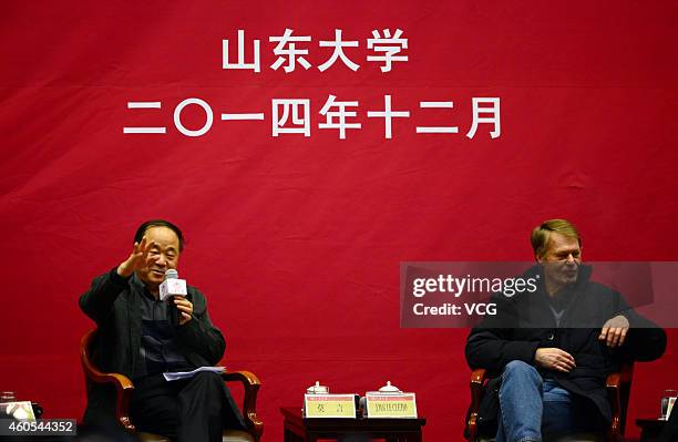 JINAN, CHINA - DECEMBER 16: (CHINA OUT) Chinese Literature Nobel laureate Mo Yan (L) and French Literature Nobel laureate Jean-Marie Gustave Le Clezio hold talks about "Literature and Life" at Shandong University on December 16, 2014 in Jinan, Shandong province of China. French Literature Nobel laureate Jean-Marie Gustave Le Clezio and Chinese Literature Nobel laureate Mo Yan attend a dialogue with the theme of "Literature and Life" on Tuesday in Shandong. (Photo by Visual China Group via Getty Images/Visual China Group via Getty Images) jinan china china out chinese literature