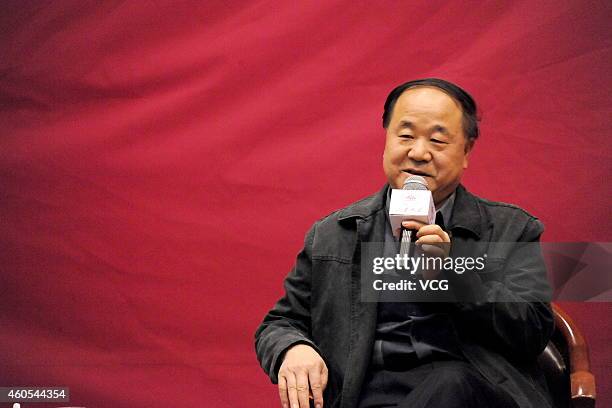 JINAN, CHINA - DECEMBER 16: (CHINA OUT) Chinese Literature Nobel laureate Mo Yan talks about "Literature and Life" at Shandong University on December 16, 2014 in Jinan, Shandong province of China. French Literature Nobel laureate Jean-Marie Gustave Le Clezio and Chinese Literature Nobel laureate Mo Yan attend a dialogue with the theme of "Literature and Life" on Tuesday in Shandong. (Photo by VCG/VCG via Getty Images) jinan china china out chinese literature