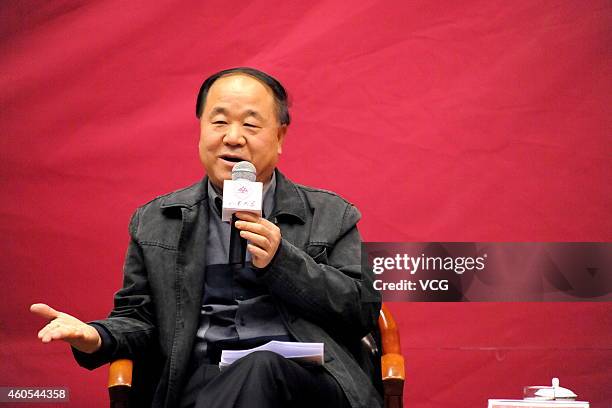 Chinese Literature Nobel laureate Mo Yan talks about "Literature and Life" at Shandong University on December 16, 2014 in Jinan, Shandong province of...