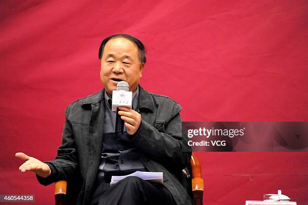 JINAN, CHINA - DECEMBER 16: (CHINA OUT) Chinese Literature Nobel laureate Mo Yan talks about "Literature and Life" at Shandong University on December 16, 2014 in Jinan, Shandong province of China. French Literature Nobel laureate Jean-Marie Gustave Le Clezio and Chinese Literature Nobel laureate Mo Yan attend a dialogue with the theme of "Literature and Life" on Tuesday in Shandong. (Photo by Visual China Group via Getty Images/Getty Images) jinan china china out chinese literature