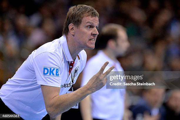 Head coach Martin Heuberger of Germany gestures during the DHB Four Nations Tournament match between Germany and Russia at KoenigPALAST on January 4,...