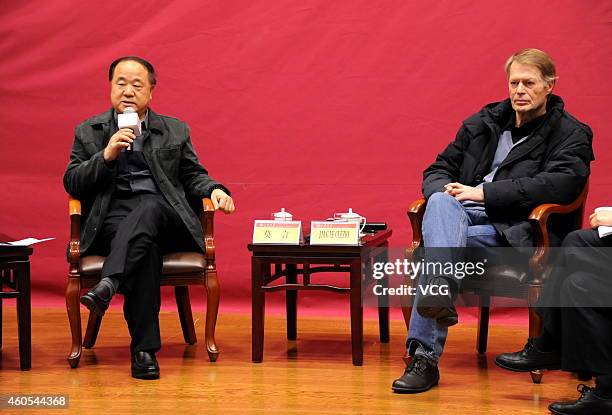 JINAN, CHINA - DECEMBER 16: (CHINA OUT) Chinese Literature Nobel laureate Mo Yan (L) and French Literature Nobel laureate Jean-Marie Gustave Le Clezio hold talks about "Literature and Life" at Shandong University on December 16, 2014 in Jinan, Shandong province of China. French Literature Nobel laureate Jean-Marie Gustave Le Clezio and Chinese Literature Nobel laureate Mo Yan attend a dialogue with the theme of "Literature and Life" on Tuesday in Shandong. (Photo by VCG/VCG via Getty Images) jinan china china out chinese literature