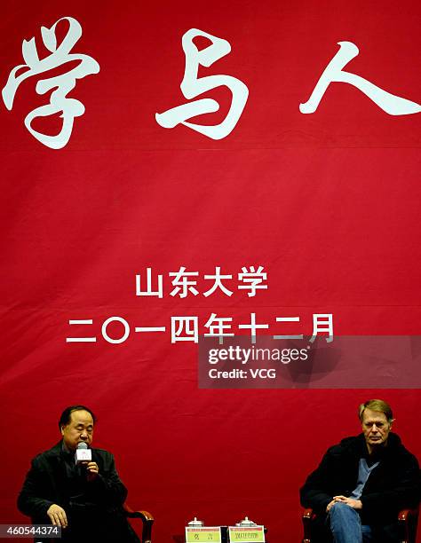 JINAN, CHINA - DECEMBER 16: (CHINA OUT) Chinese Literature Nobel laureate Mo Yan (L) and French Literature Nobel laureate Jean-Marie Gustave Le Clezio hold talks about "Literature and Life" at Shandong University on December 16, 2014 in Jinan, Shandong province of China. French Literature Nobel laureate Jean-Marie Gustave Le Clezio and Chinese Literature Nobel laureate Mo Yan attend a dialogue with the theme of "Literature and Life" on Tuesday in Shandong. (Photo by Visual China Group via Getty Images/Visual China Group via Getty Images) jinan china china out chinese literature