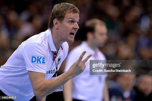 Head coach Martin Heuberger of Germany gestures during the DHB Four Nations Tournament match between Germany and Russia at KoenigPALAST on January 4,...